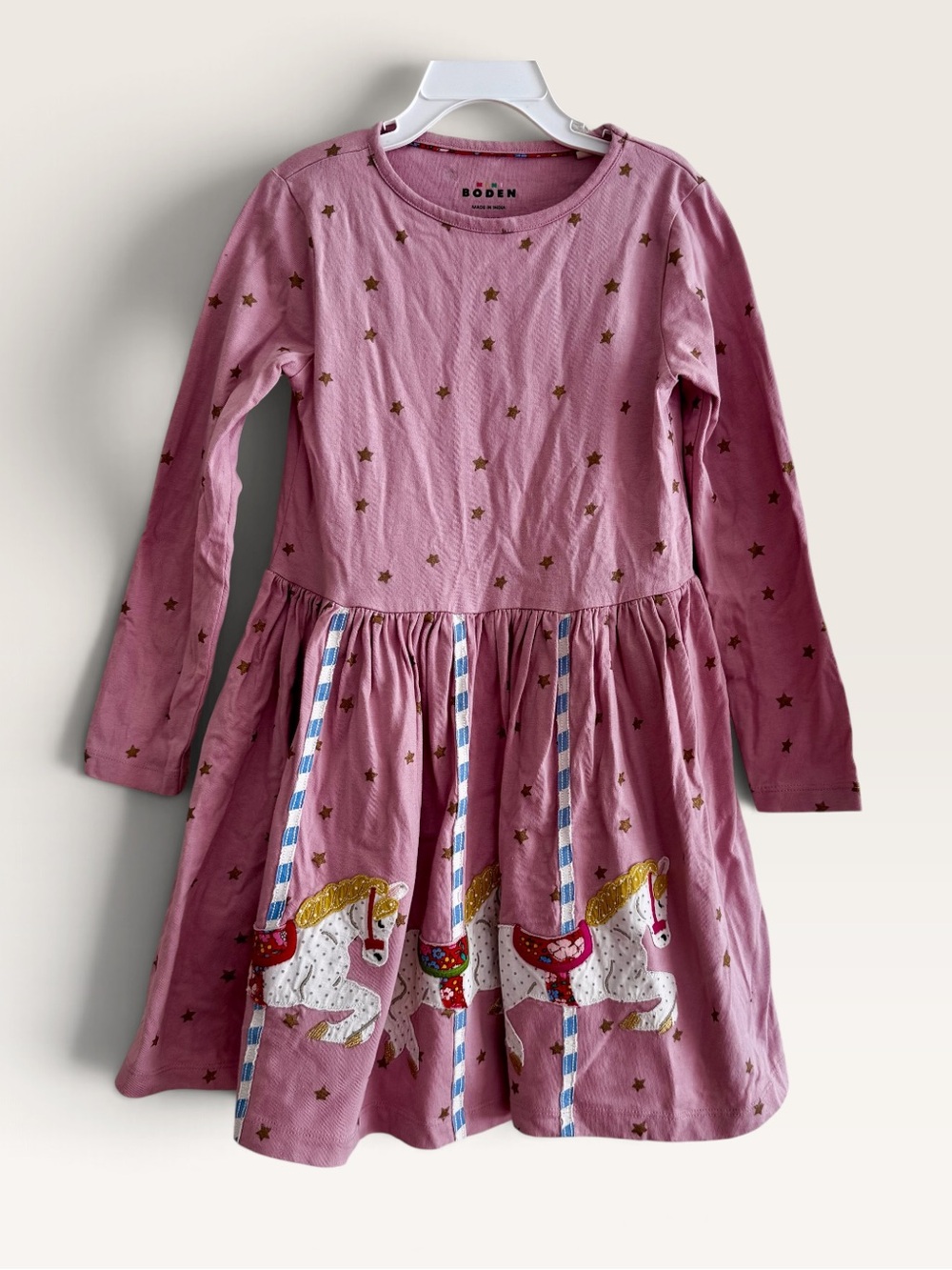 Mini Boden Pink Carousel Appliqué Pony Horse Dress Whimsical Long Sleeve Girls 6